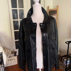 Classic Black Leather (pleather) Jacket - Women's Button-Front Coat